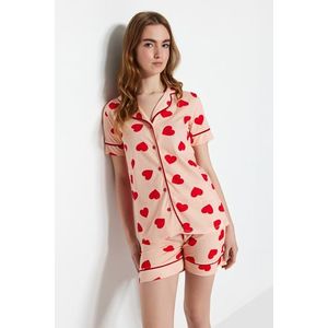 Trendyol Salmon 100% Cotton Heart Patterned Piping Detailed Shirt-Shorts Knitted Pajamas Set obraz
