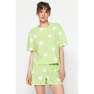 Trendyol Light Green 100% Cotton Star Patterned T-shirt-Shorts Knitted Pajamas Set obraz