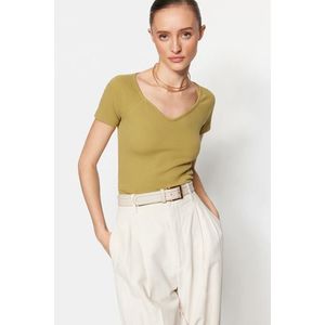 Trendyol Oil Green Fitted/Situated Ribbed Cotton, Stretchy Knit Blouse obraz