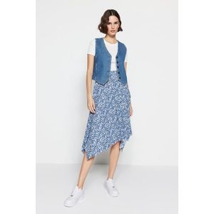 Trendyol indigo vzorovaná asymetrická sukně s volánky a vysokým pasem, midi délka, elastický úplet obraz