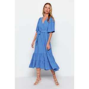 Trendyol Indigo Belted A-Cut Double Breasted Collar Back Detail Midi Woven Dress obraz