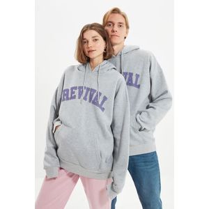 Trendyol Gray Oversize/Wide-Fit Hooded Cotton Unisex Sweatshirt obraz