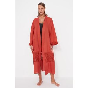 Trendyol skořicový maxi tkaný kimono a kaftan s páskem, řasený, 100% bavlna obraz