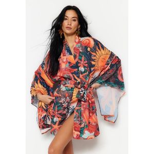 Trendyol tropický vzorovaný mini tkaný kimono a kaftan s páskem obraz