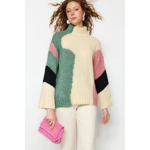 Trendyol béžový měkký texturovaný pletený svetr s barevným blokem obraz