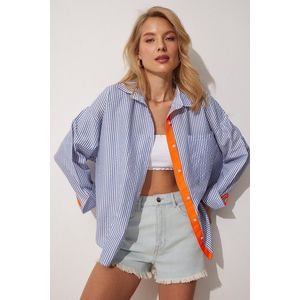 Happiness İstanbul Women's Blue Orange Ribbon And Button Detailed Striped Oversize Shirt obraz