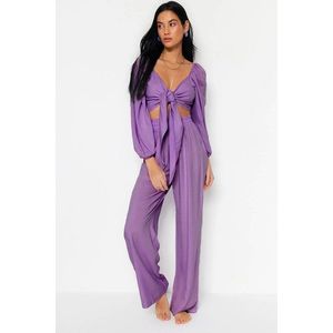 Trendyol Lilac Woven Tie Blouse and Pants Suit obraz