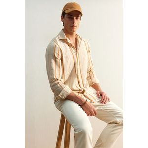 Trendyol Limited Edition Camel Regular Fit Striped Linen Textured Shirt obraz