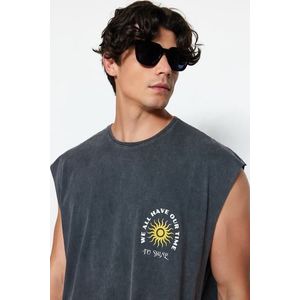 Trendyol Anthracite Oversize / Wide Cut Faded Effect Text Print 100% Cotton T-Shirt / Tank Top obraz