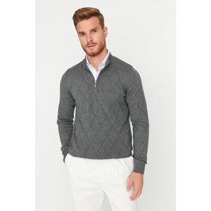 Trendyol Gray Slim Fit Half Turtleneck Zipper Collar Cotton Smart Knitwear Sweater obraz