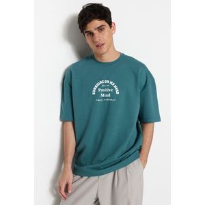 Trendyol Oversize/Wide-Fit Crew Neck Short Sleeve Text Printed Thick Cotton T-Shirt obraz