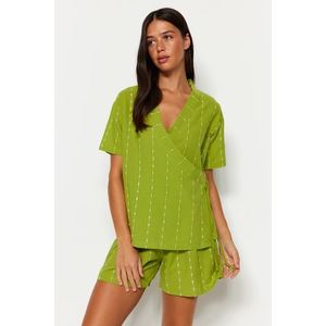 Trendyol Light Green Striped 100% Cotton Viscose Wide Fit T-shirt-Shorts Woven Pajamas Set obraz