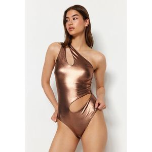 Trendyol bronzové lesklé lakované tištěné plavky s normálními nohami obraz