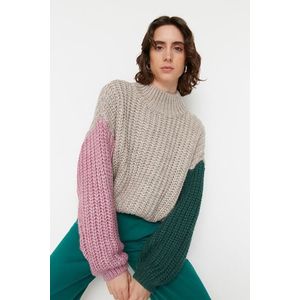 Trendyol Stone Široký střih Měkký texturovaný pletený svetr s barevným blokem obraz