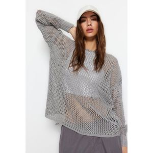 Trendyol šedý super široký bavlněný prolamovaný/perforovaný pletený svetr obraz