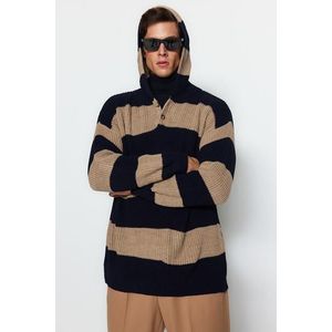 Trendyol Navy Blue-Mink Oversize Fit Wide Fit Striped Hooded Knitwear Sweater obraz
