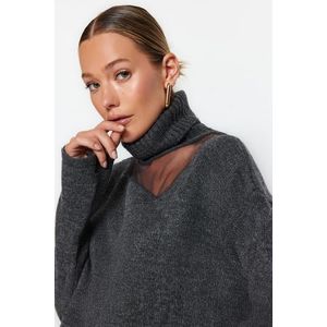 Trendyol Anthracite Soft Textured Tulle Detailed Knitwear Sweater obraz