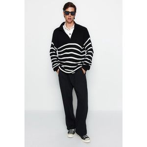 Trendyol Black Oversize Fit Wide Fit Polo Neck Striped Knitwear Sweater obraz