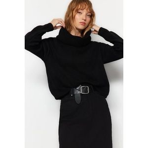 Trendyol černý měkký texturovaný pletený svetr s otočným límcem obraz