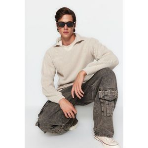 Trendyol Stone Unisex Regular Fit Polo Collar Anti-Pilling Knitwear Sweater obraz