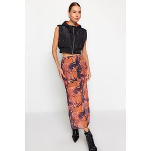 Trendyol Orange Patterned Maxi Length Lace Detail Tulle Stretch Knitted Skirt obraz