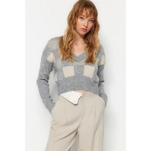 Trendyol šedý crop měkký texturovaný vzorovaný pletený svetr obraz