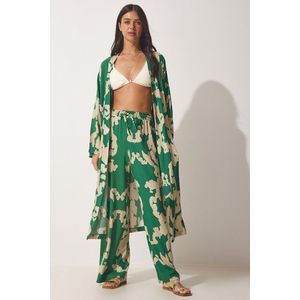 Happiness İstanbul Women's Green Beige Patterned Viscose Kimono Palazzo Pants Suit obraz