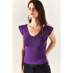 Olalook Women's Purple Shoulder And Skirt Detailed Front Back V Knitwear Blouse obraz
