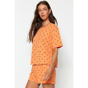 Trendyol oranžovo-multibarevné 100% bavlněné tričko s motivem srdce a kraťasy - pletená sada pyžama obraz
