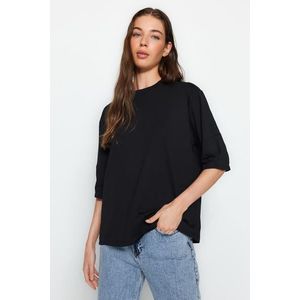 Trendyol Black 100% Cotton Premium Oversize/Wide Fit Three Quarter Sleeve Knitted T-Shirt obraz