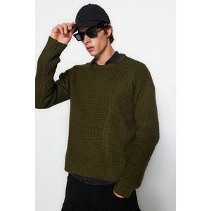 Trendyol Khaki Oversize Fit Wide Fit Crew Neck Textured Basic Knitwear Sweater obraz