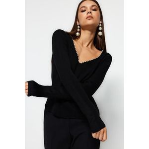 Trendyol Black Pearl Detailní pletený svetr s výstřihem do V obraz