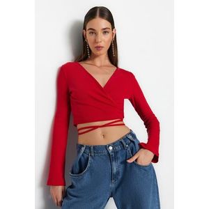 Trendyol Red Ribbed Fitted Long Sleeve Double Breasted Crop Cotton Stretch Knitted Blouse obraz