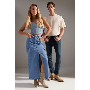 Trendyol modrá maxi džínová sukně s cargo kapsou obraz