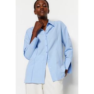 Trendyol Light Blue Rib Detailed Oversize Wide Cut Woven Shirt with Slits on the Sleeves obraz