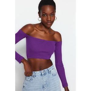 Trendyol Purple Fitted Super Crop Carmen Collar Ribbed Stretch Knitted Blouse obraz