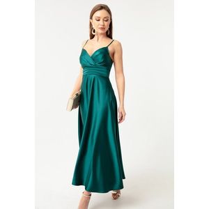 Lafaba Dámské smaragdově zelené lano popruh pas pás pás satén midi večerní šaty a promoční šaty obraz