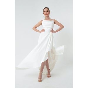 Lafaba Dámské bílé volánkové saténové večerní šaty a maturitní šaty obraz