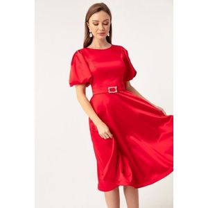 Lafaba Dámské červené balónové rukávy Stony Belted Mini saténové večerní šaty obraz