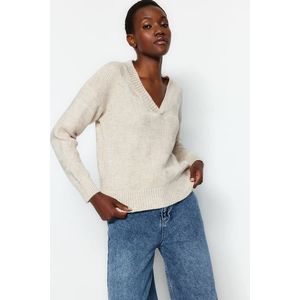 Trendyol béžový měkký texturovaný pletený svetr s výstřihem do V obraz