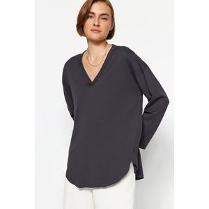 Trendyol Anthracite Premium V-Neck Cotton Regular/Normal Fit Knitted Knitted T-Shirt obraz
