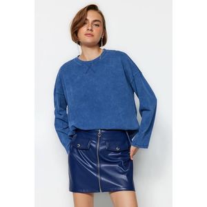 Trendyol Indigo Worn/Faded Effect Relaxed/Comfortable fit Crew Neck Long Sleeve Knitted T-Shirt obraz
