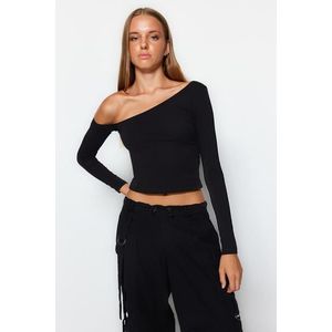 Trendyol Black One-Shoulder Cotton Knitted Blouse with an Stretchy Fitted/Simple Crop obraz