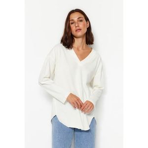 Trendyol Ecru Premium V-Neck Cotton Regular/Normal Fit Knitted Knitted T-Shirt obraz