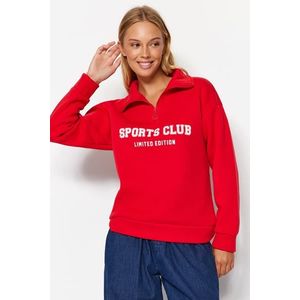 Trendyol Red Oversize/Wide Fit With Slogan, Zipper Stand-Up Collar Thick Fleece Inner Sweatshirt obraz
