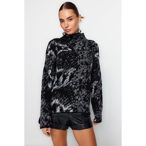 Trendyol černý samovzorovaný pletený svetr s vysokým výstřihem obraz