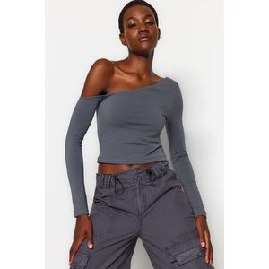 Trendyol Anthracite One-Shoulder Cotton Elasticated Fitted/Situated Crop Knitted Blouse obraz