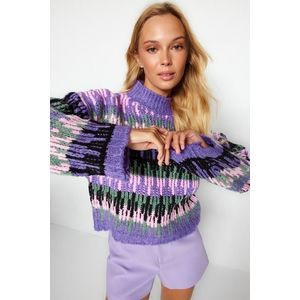 Trendyol fialový měkký texturovaný tlustý pletený svetr s vysokým výstřihem obraz