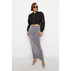 Trendyol Gray Premium with a Glossy Finish and Soft Textured Drape Maxi Knitted Skirt obraz