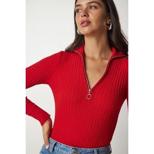 Happiness İstanbul Women's Red Zipper Stand Up Collar Corduroy Knitwear Blouse obraz